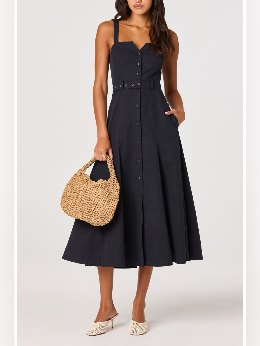 ASTR The Label NWT McKinely Cotton Blend Dress Midi Belted Smocked Navy Blue